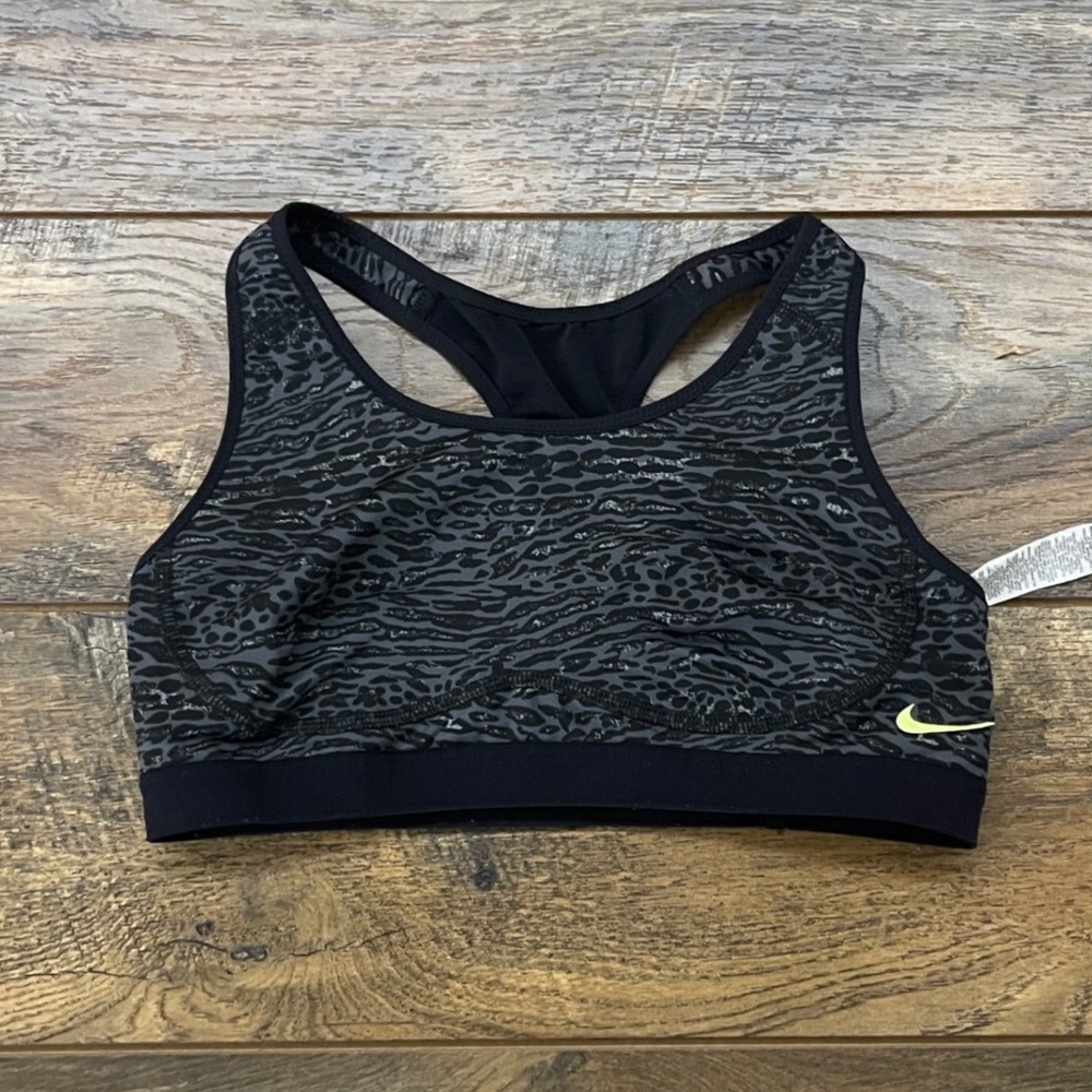 Nike Dri-FIT Sports Bra Small Grey Black Animal Print Racerback Mesh Gym Top